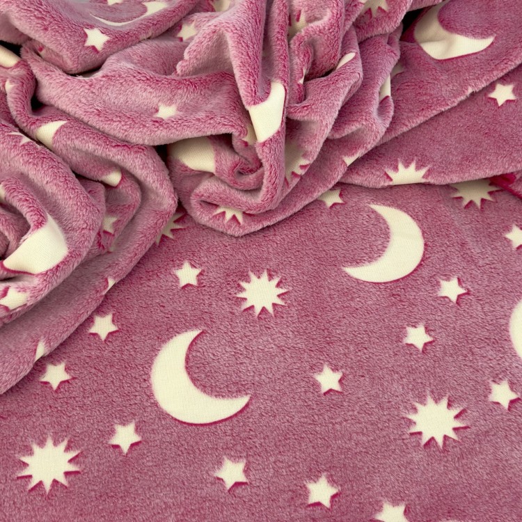 Wzory materiałów do kocobluz świecących w ciemności dla dorosłych – gwiazdki i księżyce na różu